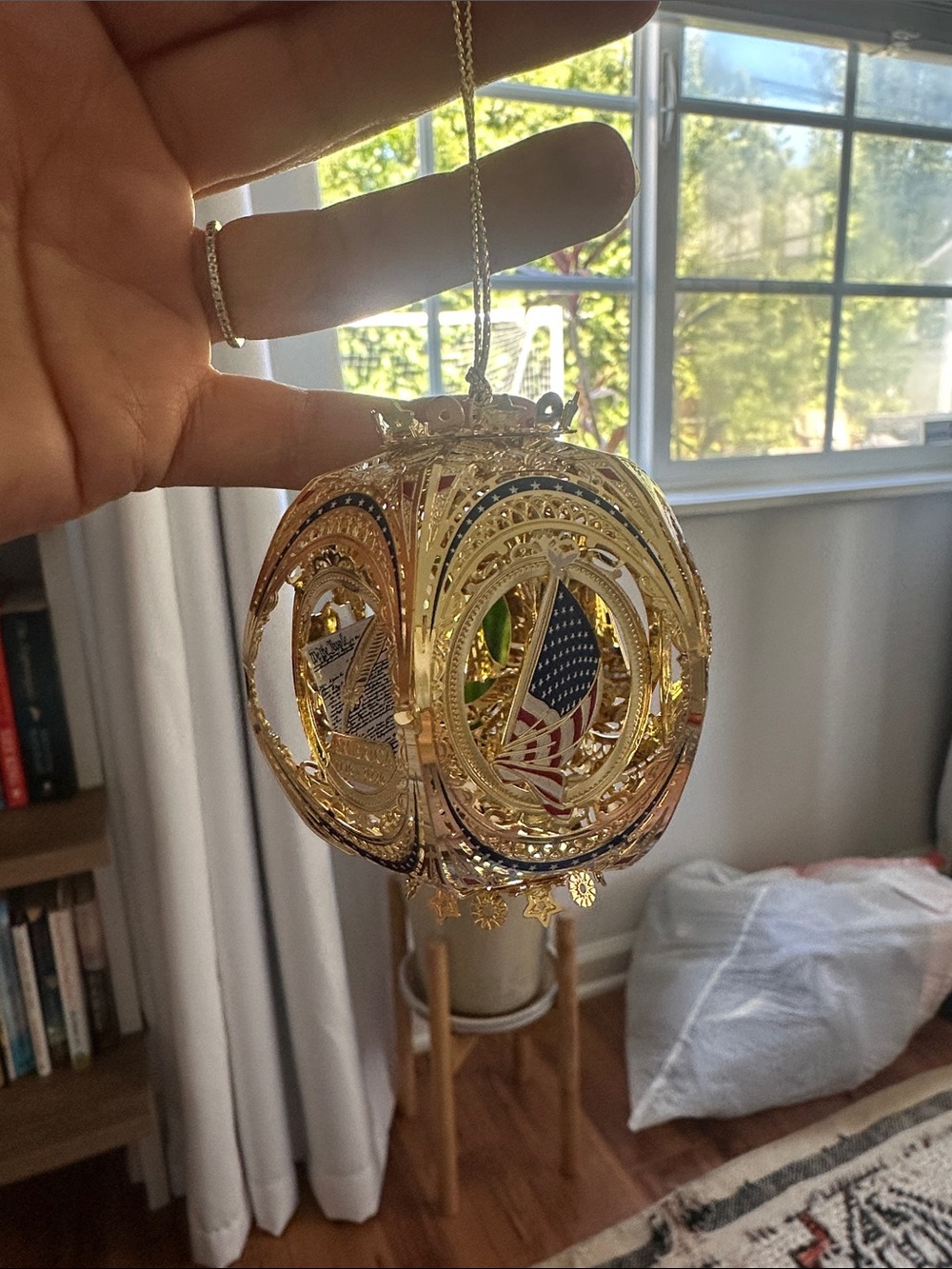 Gold Filigree Holiday Ornament with American Flag Detail